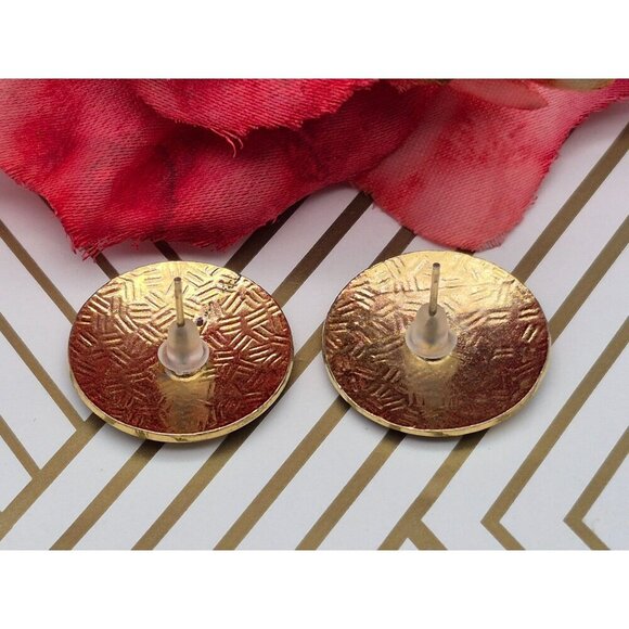Beautiful Vintage Red & Gold Cloisonne Flower Butterfly Round Pierced Earrings - Picture 2 of 5